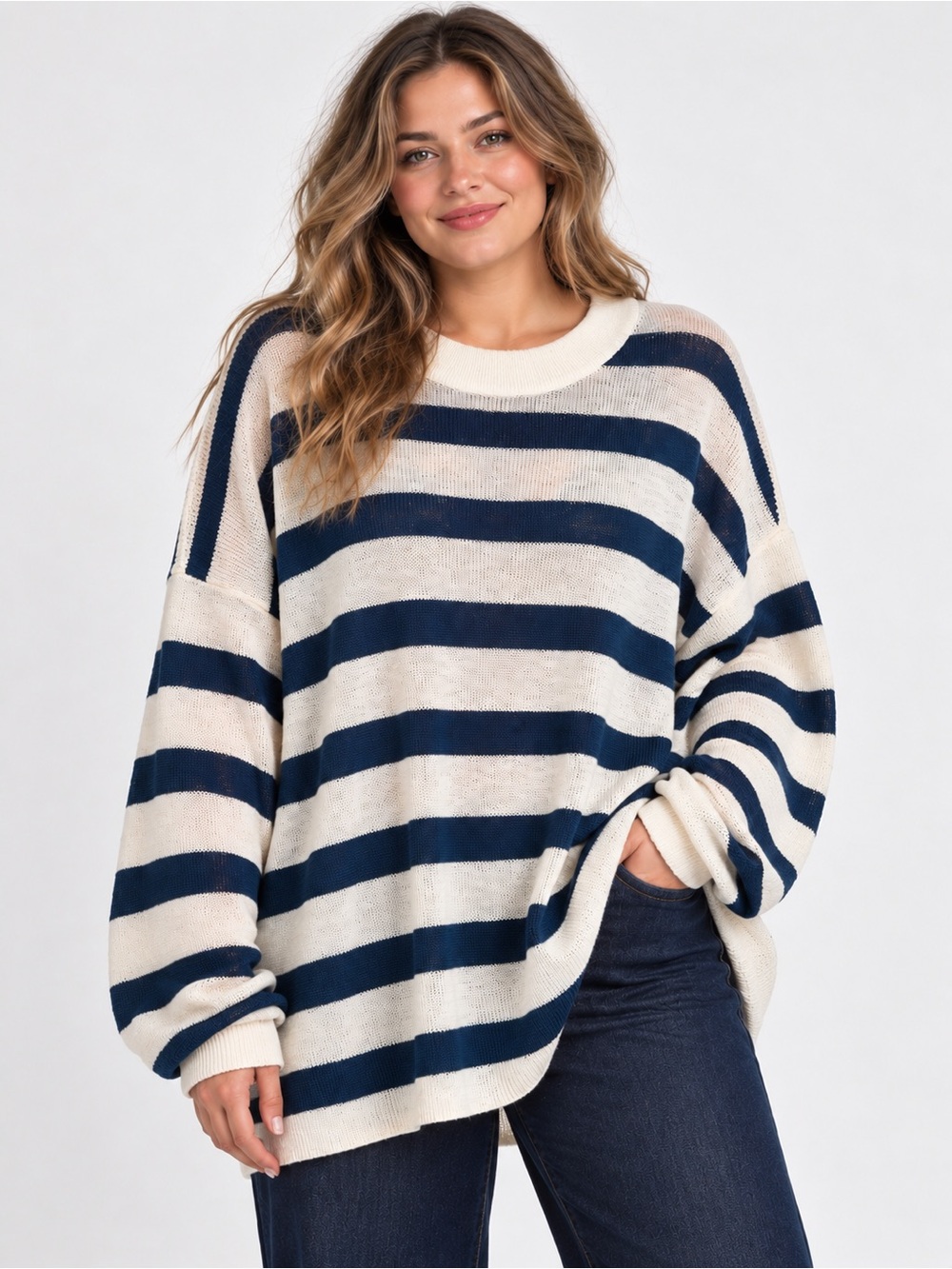 #1012 NWT Free People Malibu Surf Striped Sweater Out to Sea L Top Only